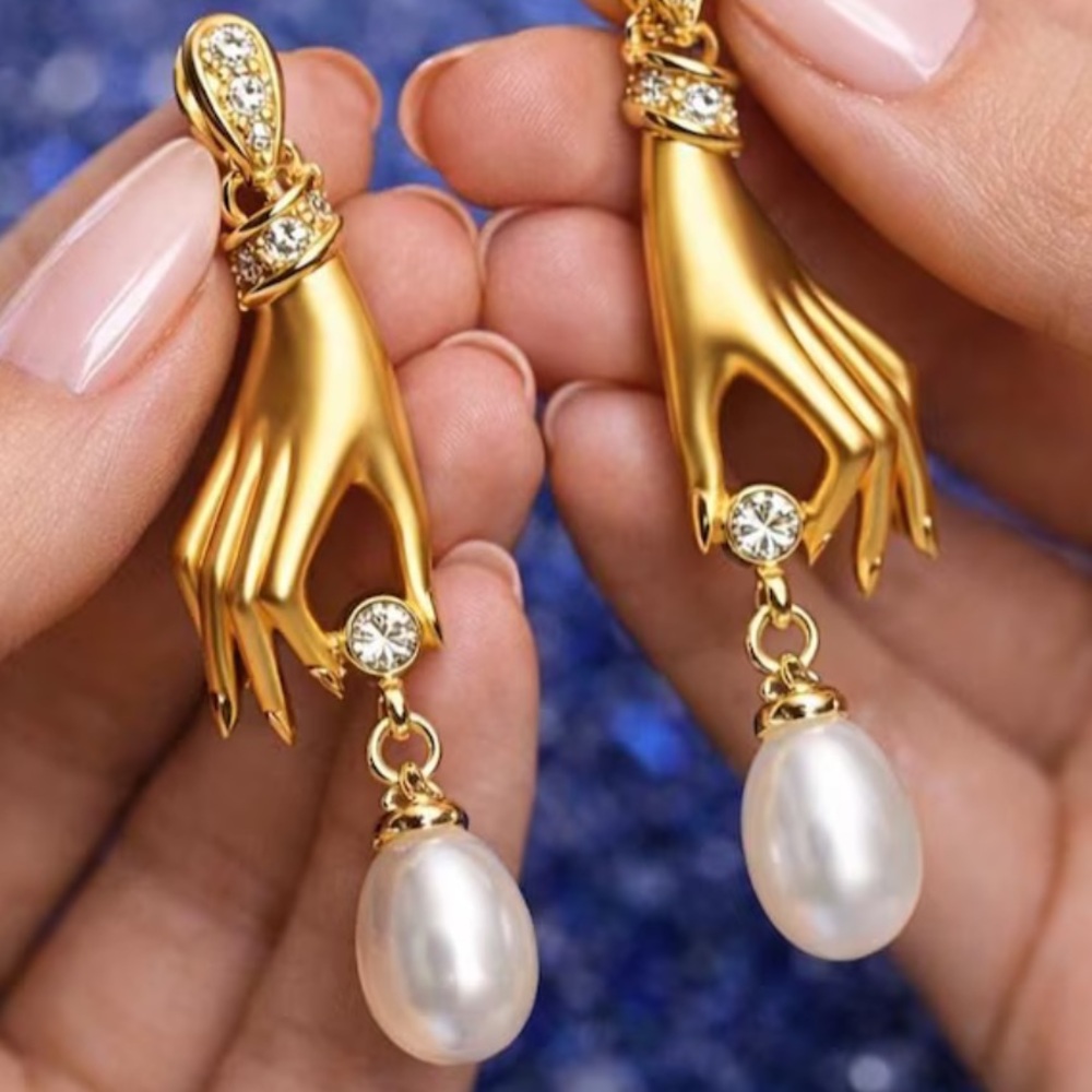Gold Hand Pearl Drop Earrings - Vintage Style Diamond Dangle Earrings - Picture 1 of 7